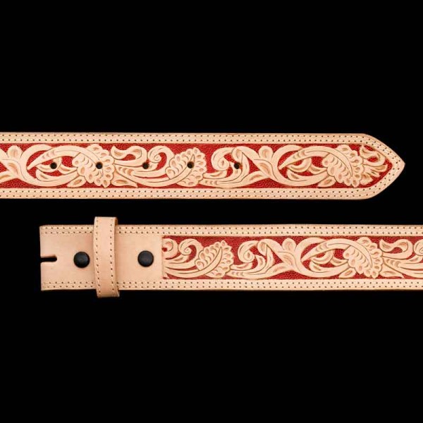 The Beautiful Red Cedar Custom Leather Belt features a natural finished leather with a hand painted base. Crafted on high-quality top grain leather. This belt is double stitched and detailed with an intricate pattern with vines & leaves. This belt is 